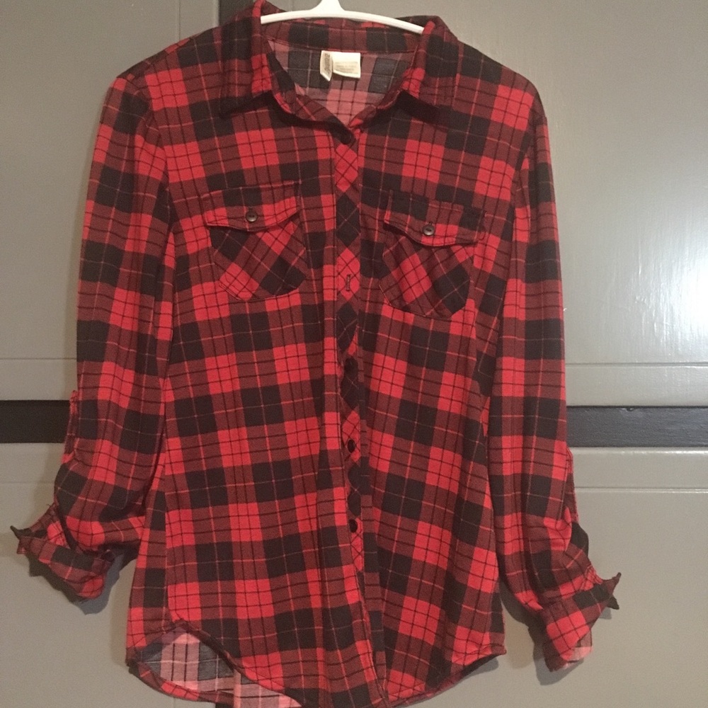 Red Long Sleeve Button Down Flannel Shirt
